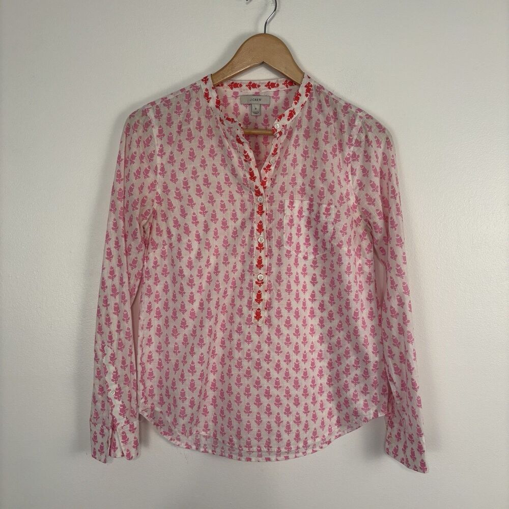 J Crew Long Sleeve Thistle Print Blouse Size 0 White Pink 100% Cotton 43484